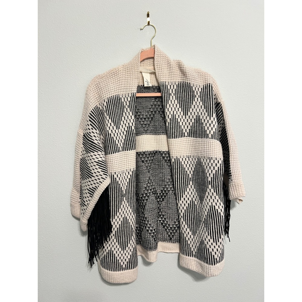 LOGG H&M Women L Cream Black Geometric Fringe Wool Alpaca Blend Cardigan Sweater